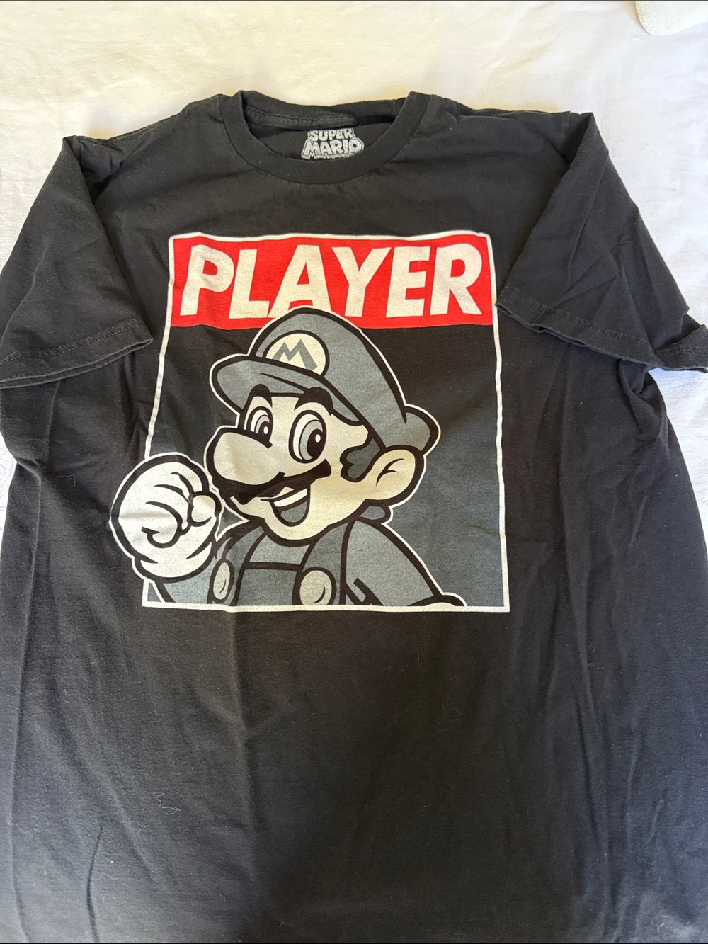 Nintendo Black Tee with Red 'PLAYER' and Gray Mario Graphic